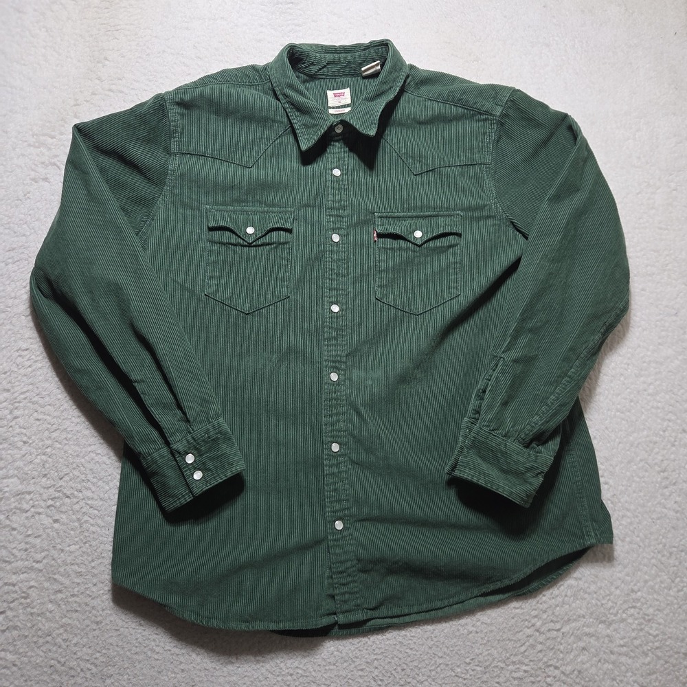 Y2K Levis Barstow Corduroy Western Shirt Mens XL Green Pearl Snap Button Down